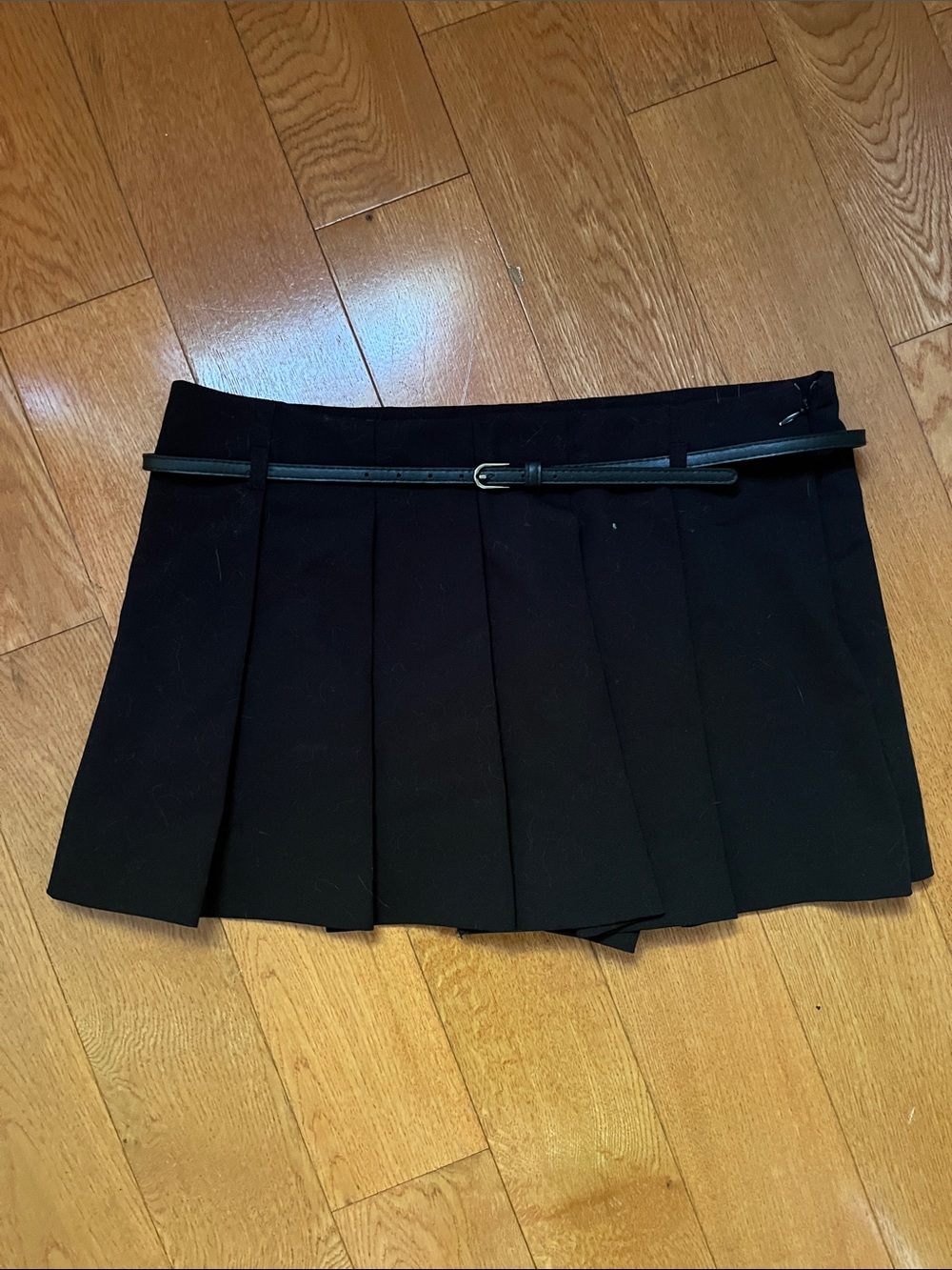 Zara Black Pleated Mini Skort with Slim Faux Leather Belt